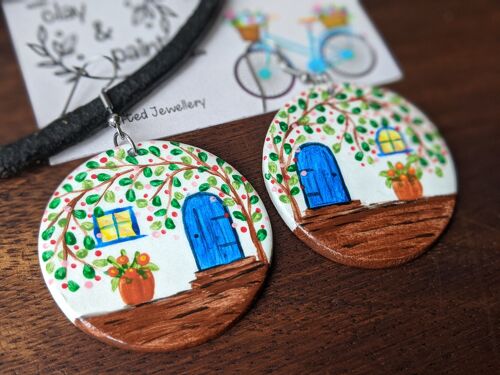 Large round clay landscape earrings