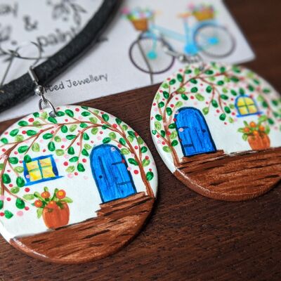 Large round clay landscape earrings