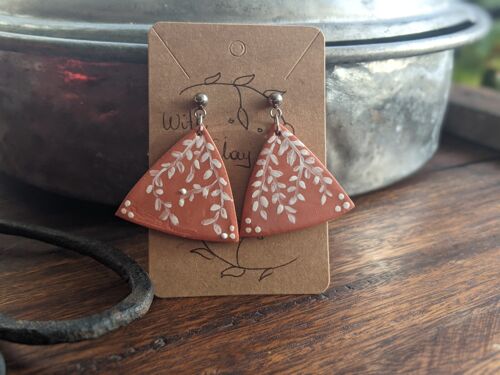Terracotta clay earrings with hand painted white flowers