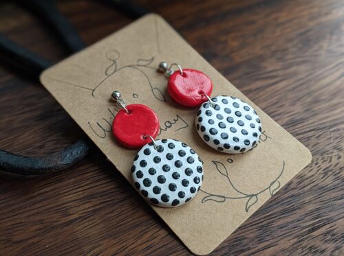 Polka dot earrings black, white & red,  spotty clay earrings