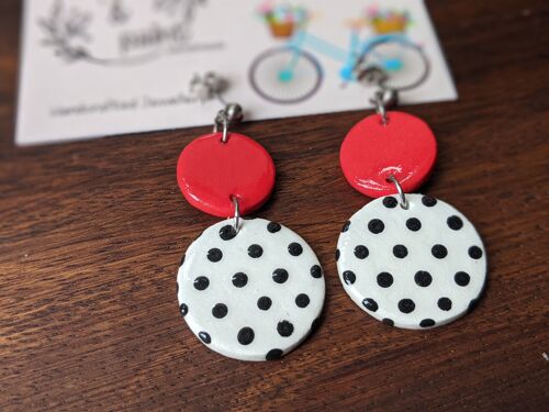 Polka dot earrings black, white & red,  spotty clay earrings