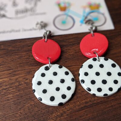 Polka dot earrings black, white & red,  spotty clay earrings