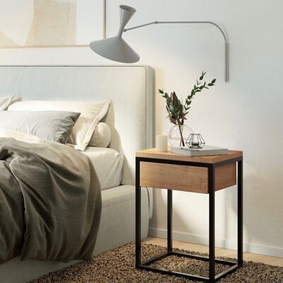 WOODY bedside table, Black metal with oiled oak finish