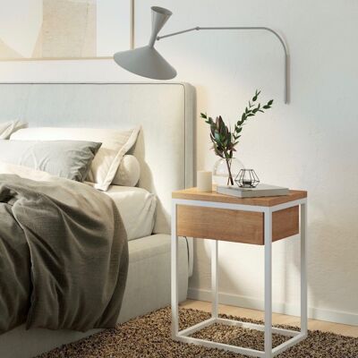 WOODY bedside table, white metal with oiled oak