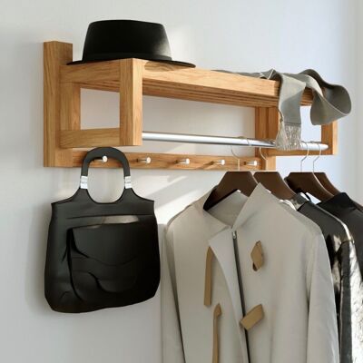 Bo wall coat rack with 5 hooks, oak with silver metal