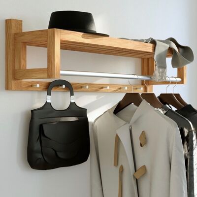 Bo wall coat rack with 6 hooks, oak+silver