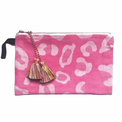 Pink Animal Print Pouch with Multicolor Tassels