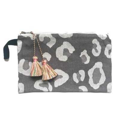 Grey Animal Print Pouch with Multicolor Tassels