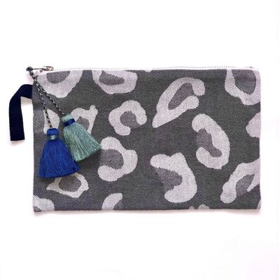 Grey Animal Print Pouch with Green & Navy Tassels