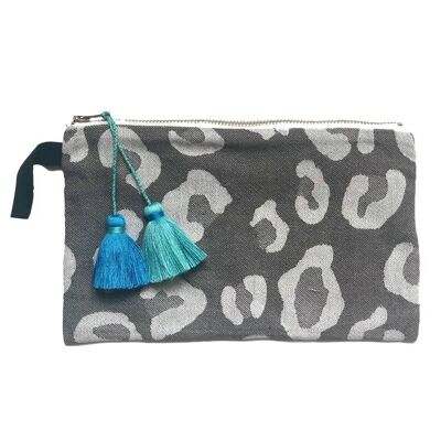 Pochette grigia con stampa animalier con nappe turchese e menta