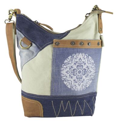 Sunsa Damen Umhängetasche aus recycelter Jeans und Canvas mit Mandala Schultertasche