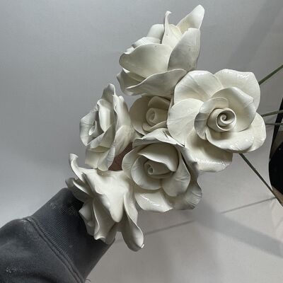 6 Large White Porcelain Rose Flowers on Stems