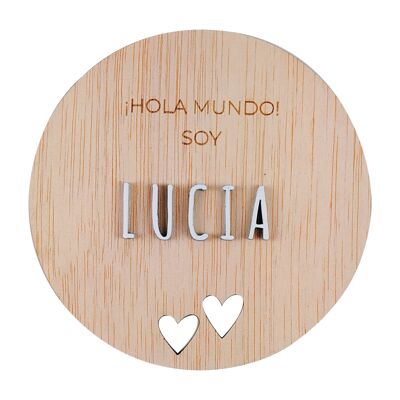 Placa de nacimiento o Natalicio ¡Hola Mundo! Personalizable con corazones calados