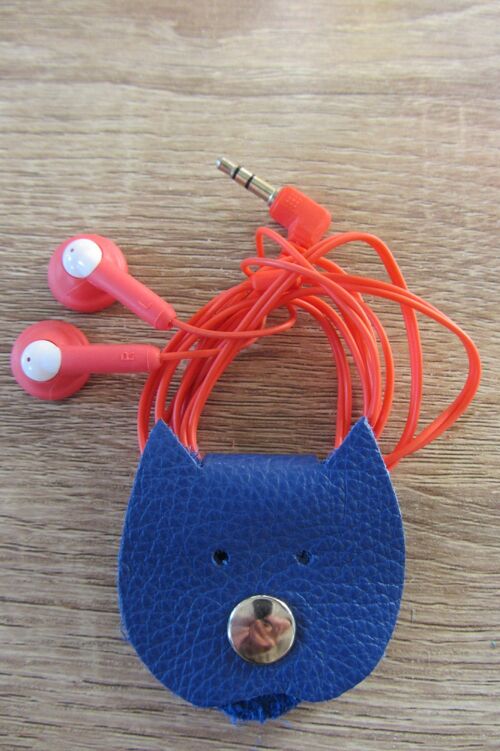 Attache-écouteurs chat bleu