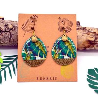 Drop earrings in resin and tropical paper jungle monstera green bronze