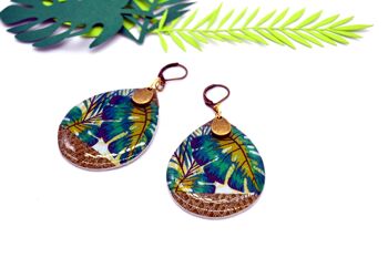 Boucles d'oreilles gouttes en résine et papier tropical jungle monstera vert bronze 2