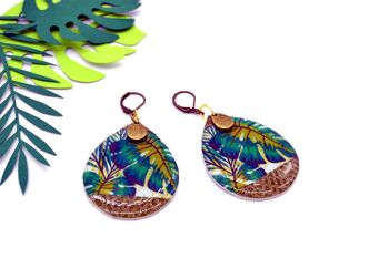 Boucles d'oreilles gouttes en résine et papier tropical jungle monstera vert bronze 3