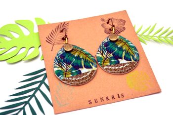 Boucles d'oreilles gouttes en résine et papier tropical jungle monstera vert bronze 5