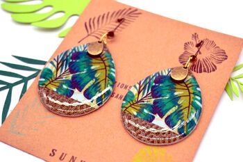 Boucles d'oreilles gouttes en résine et papier tropical jungle monstera vert bronze 7