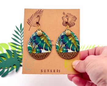 Boucles d'oreilles gouttes en résine et papier tropical jungle monstera vert bronze 8