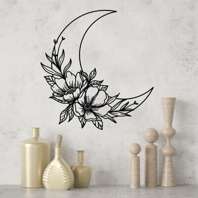 Petite Décoration murale line art lune et fleurs noire