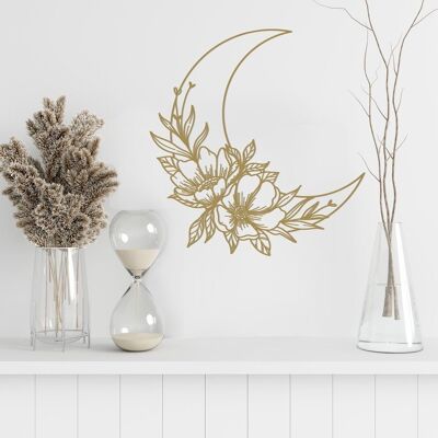Small wall decoration line art moon and gold flowers