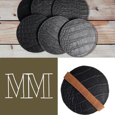 Coasters (set of 6) leather on cork - black