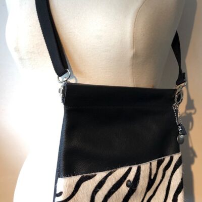 Shoulder bag black with fur leather compartment with zebra print