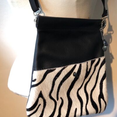 Shoulder bag black with fur leather compartment with zebra print