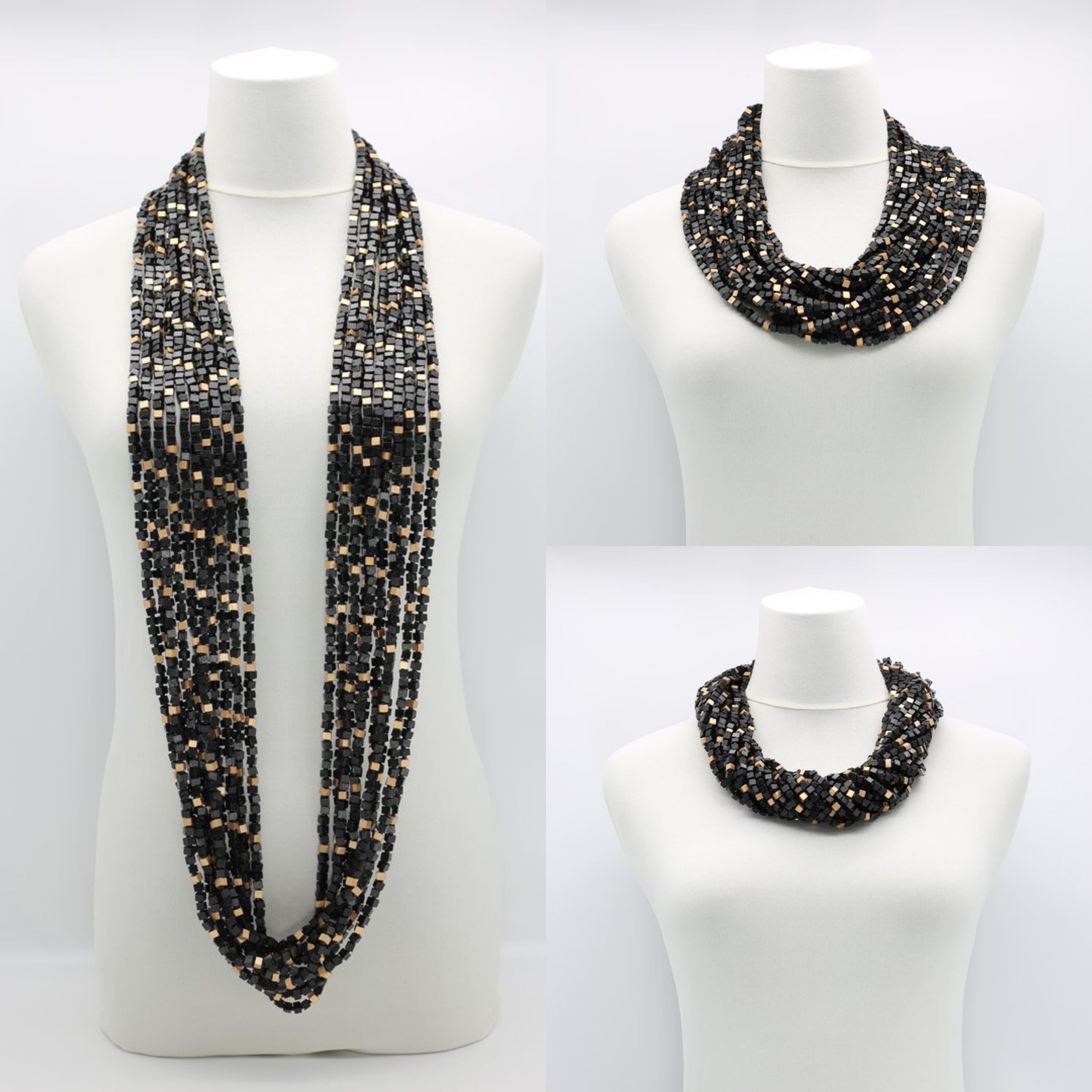 NEXT Collana Pashmina - Mosaico a blocchi - Nero/Oro nuovo - 10 fili