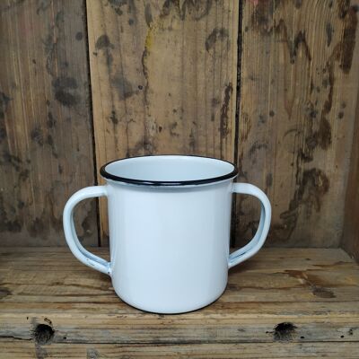 Double handle white enameled steel mug