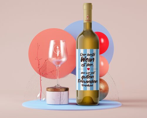 Der beste Wein ist der, den wir mit guten Freunden trinken | Flaschenetikett | Hochformat | 9 x 12cm | selbstklebend | Netti Li Jae®