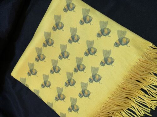 Bees Handprinted on a soft yellow Cashmere Feel Scarf
