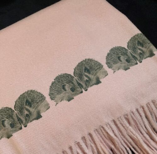 Hedgehogs handprinted on a soft pink Cashmere Feel Scarf