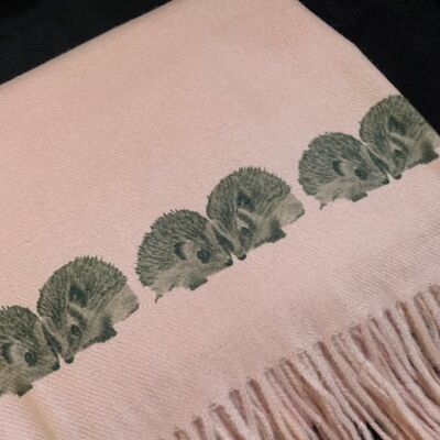 Hedgehogs handprinted on a soft pink Cashmere Feel Scarf
