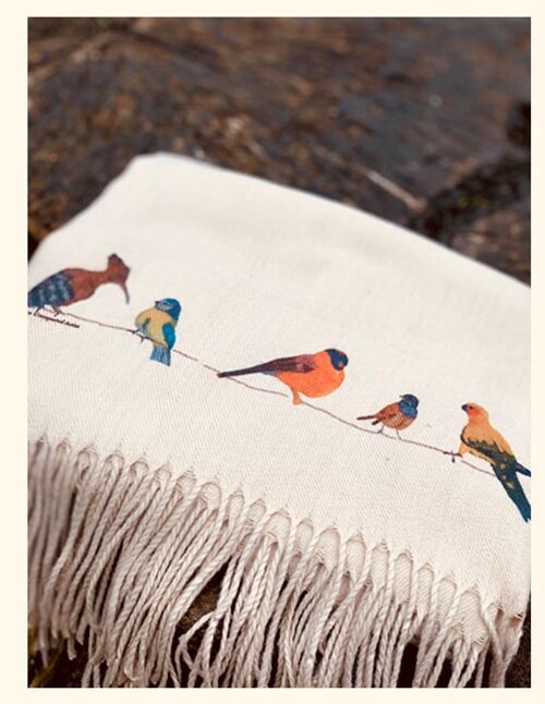Birds on a wire handprinted on a soft beige Cashmere Feel Scarf
