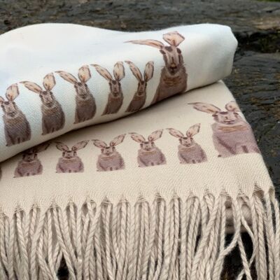 Hares Handprinted on a soft cream Cashmere Feel Scarf