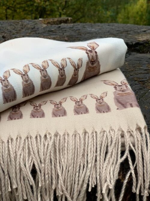 Hares Handprinted on a soft beige Cashmere Feel Scarf