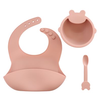 Dining set Silicone 3-piece | Bib Bowl Spoon | peach