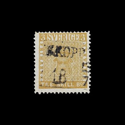 BRIEFMARKENDRUCKE: Briefmarkensammler-Philatelie-Kunst – 12,7 x 17,8 cm – Treskilling Banco Yellow