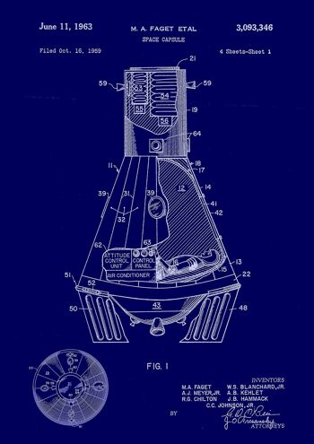 SPACE CAPSULE PRINTS: Patent Blueprint Artwork - 7 x 5" - Bleu - Gros plan avec l'astronaute