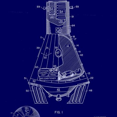 SPACE CAPSULE PRINTS: Patent Blueprint Artwork - 7 x 5" - Blue - Close up with astronaut