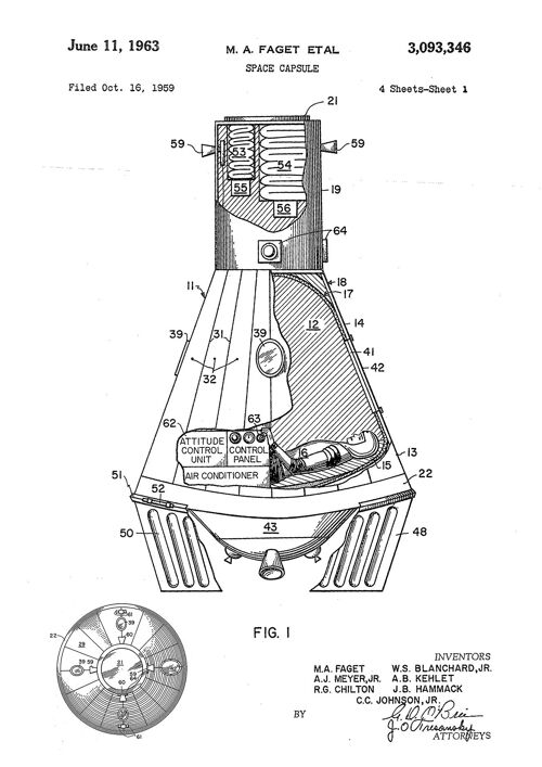 SPACE CAPSULE PRINTS: Patent Blueprint Artwork - 7 x 5" - White - Close up with astronaut