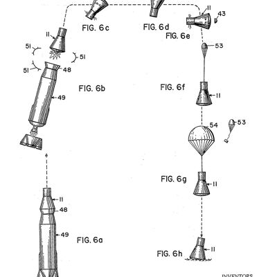 SPACE CAPSULE PRINTS: Patent Blueprint Artwork - 7 x 5" - White - Diagram of journey