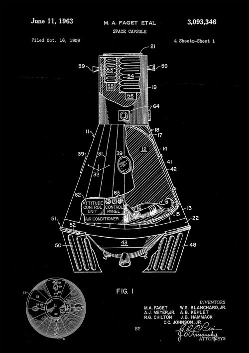 SPACE CAPSULE PRINTS: Patent Blueprint Artwork - 7 x 5" - Black - Close up with astronaut
