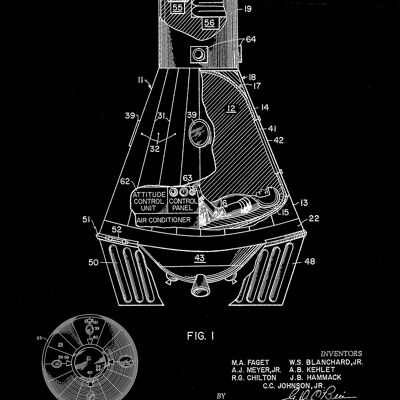 IMPRESIONES DE CÁPSULA ESPACIAL: Obra de arte de patentes - 7 x 5" - Negro - Primer plano con astronauta