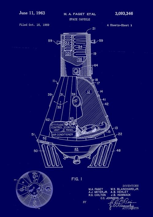 SPACE CAPSULE PRINTS: Patent Blueprint Artwork - A4 - Blue - Close up with astronaut