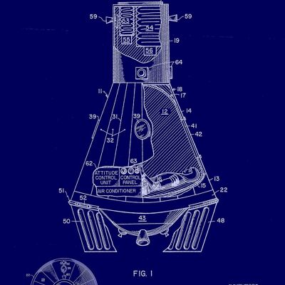 SPACE CAPSULE PRINTS: Patent Blueprint Artwork – A4 – Blau – Nahaufnahme mit Astronaut