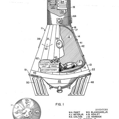 SPACE CAPSULE PRINTS: Patent Blueprint Artwork – A4 – Weiß – Nahaufnahme mit Astronaut