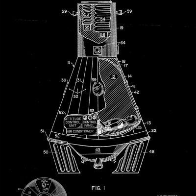 SPACE CAPSULE PRINTS: Patent Blueprint Artwork – A4 – Schwarz – Nahaufnahme mit Astronaut